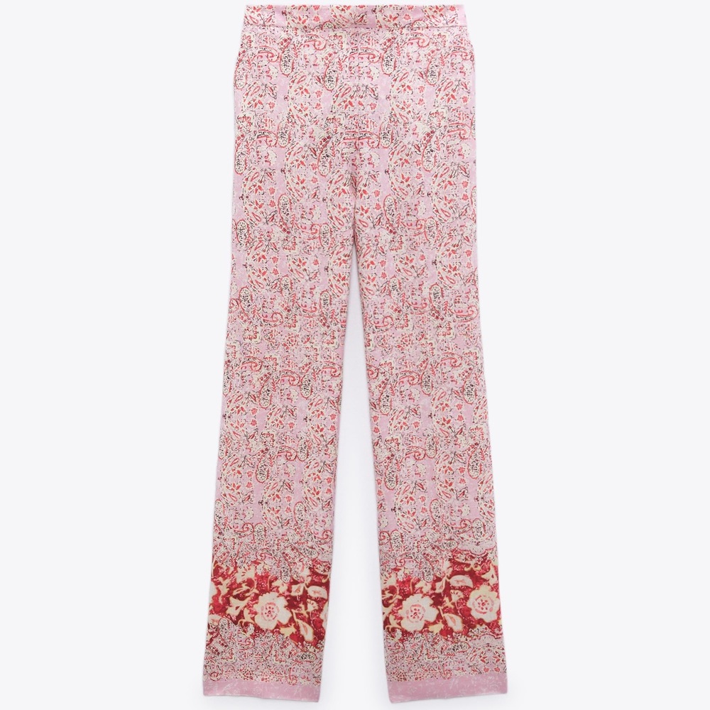 ZARA‎ WIDE-LEG PRINTED LINEN BLEND TROUSERS